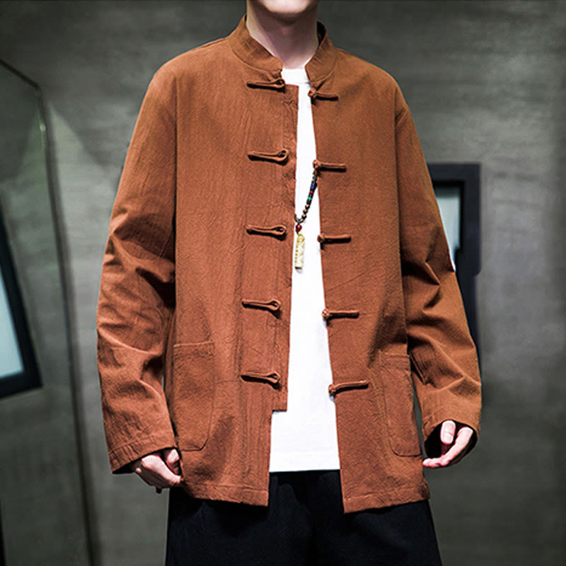 Traje Tang de algodón y lino con botones de rana de color liso y Buddha Stones para hombre, chaqueta y camisa con bolsillos - image 21