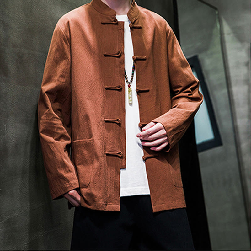 Traje Tang de algodón y lino con botones de rana de color liso y Buddha Stones para hombre, chaqueta y camisa con bolsillos - image 20