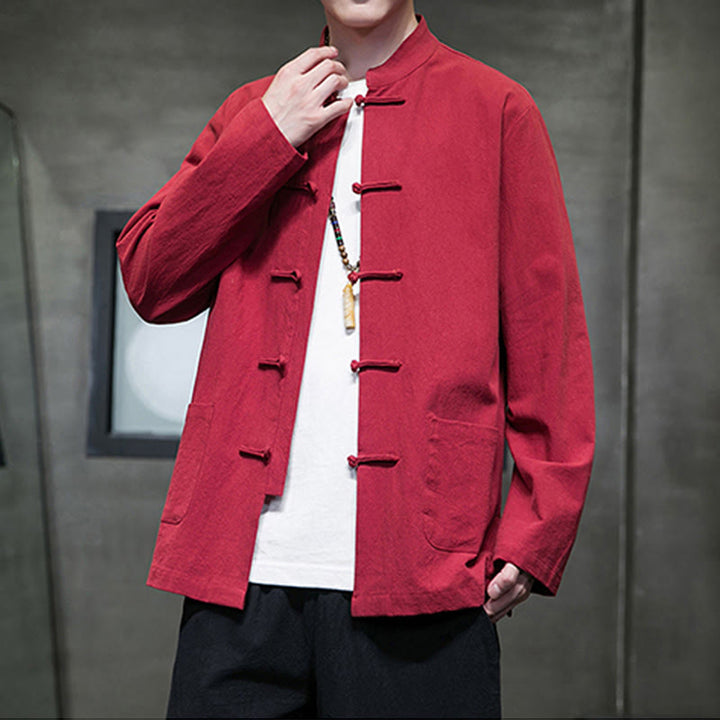 Traje Tang de algodón y lino con botones de rana de color liso y Buddha Stones para hombre, chaqueta y camisa con bolsillos - image 37