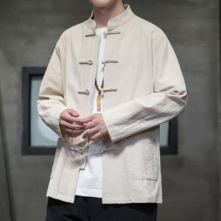 Traje Tang de algodón y lino con botones de rana de color liso y Buddha Stones para hombre, chaqueta y camisa con bolsillos - image 12