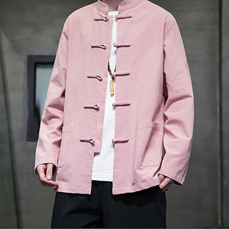 Traje Tang de algodón y lino con botones de rana de color liso y Buddha Stones para hombre, chaqueta y camisa con bolsillos - image 26