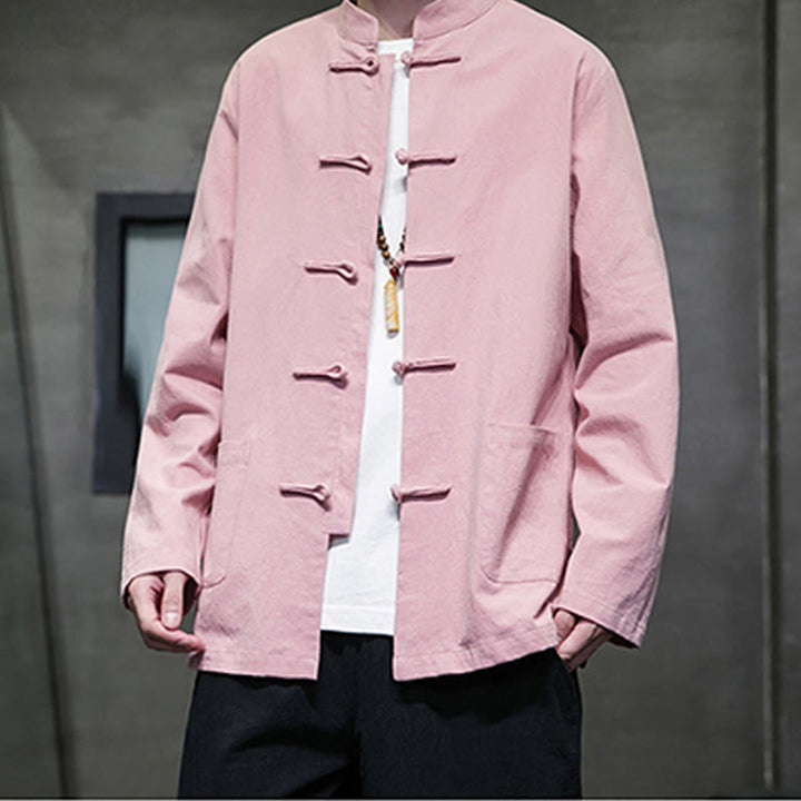 Traje Tang de algodón y lino con botones de rana de color liso y Buddha Stones para hombre, chaqueta y camisa con bolsillos - image 26