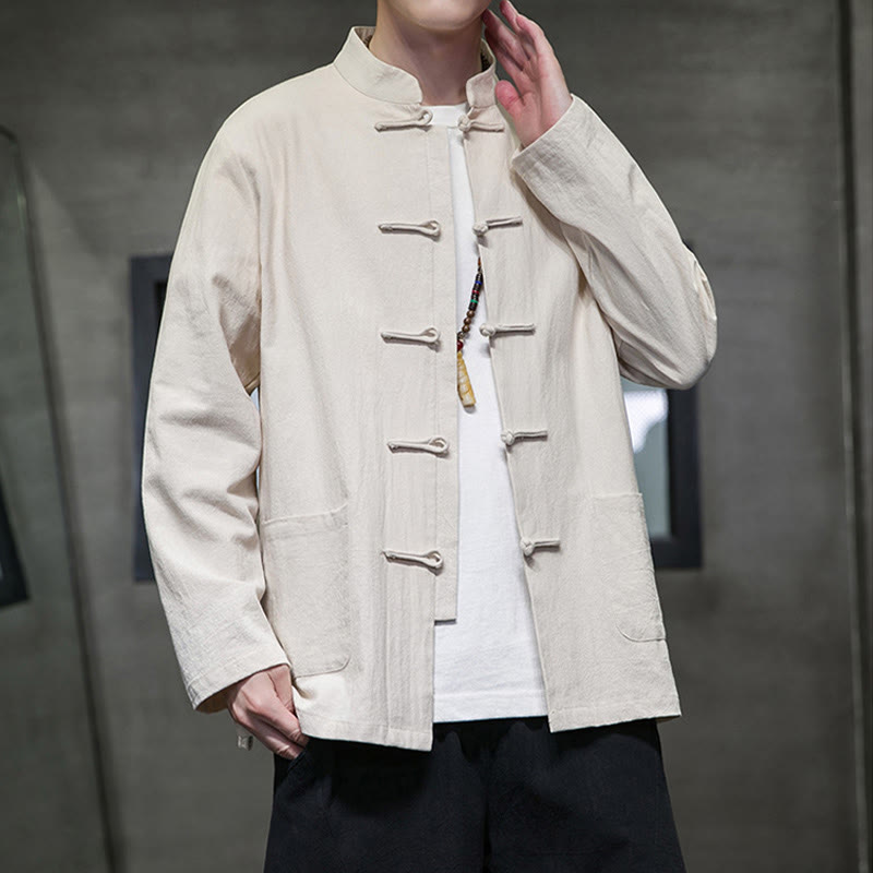 Traje Tang de algodón y lino con botones de rana de color liso y Buddha Stones para hombre, chaqueta y camisa con bolsillos - image 15