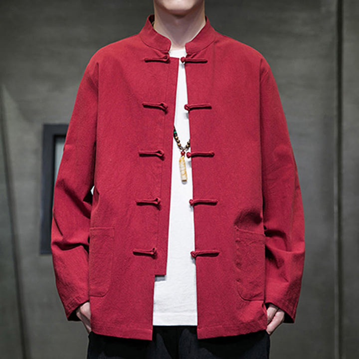 Traje Tang de algodón y lino con botones de rana de color liso y Buddha Stones para hombre, chaqueta y camisa con bolsillos - Carmesí - US/UK/AU46, EU56 (5XL) - image 33