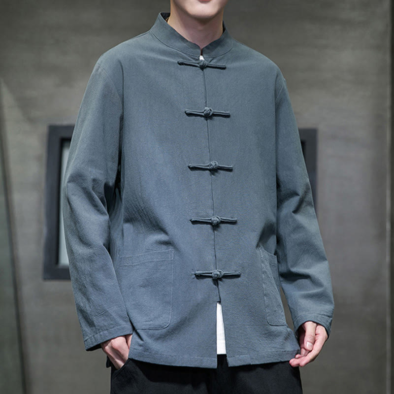 Traje Tang de algodón y lino con botones de rana de color liso y Buddha Stones para hombre, chaqueta y camisa con bolsillos - image 5