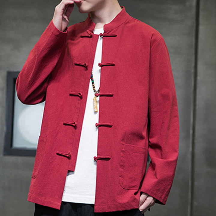 Traje Tang de algodón y lino con botones de rana de color liso y Buddha Stones para hombre, chaqueta y camisa con bolsillos - image 38