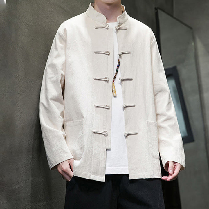 Traje Tang de algodón y lino con botones de rana de color liso y Buddha Stones para hombre, chaqueta y camisa con bolsillos - image 13