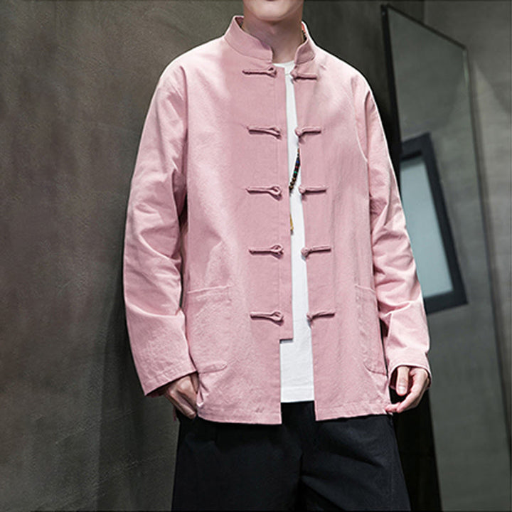 Traje Tang de algodón y lino con botones de rana de color liso y Buddha Stones para hombre, chaqueta y camisa con bolsillos - image 28