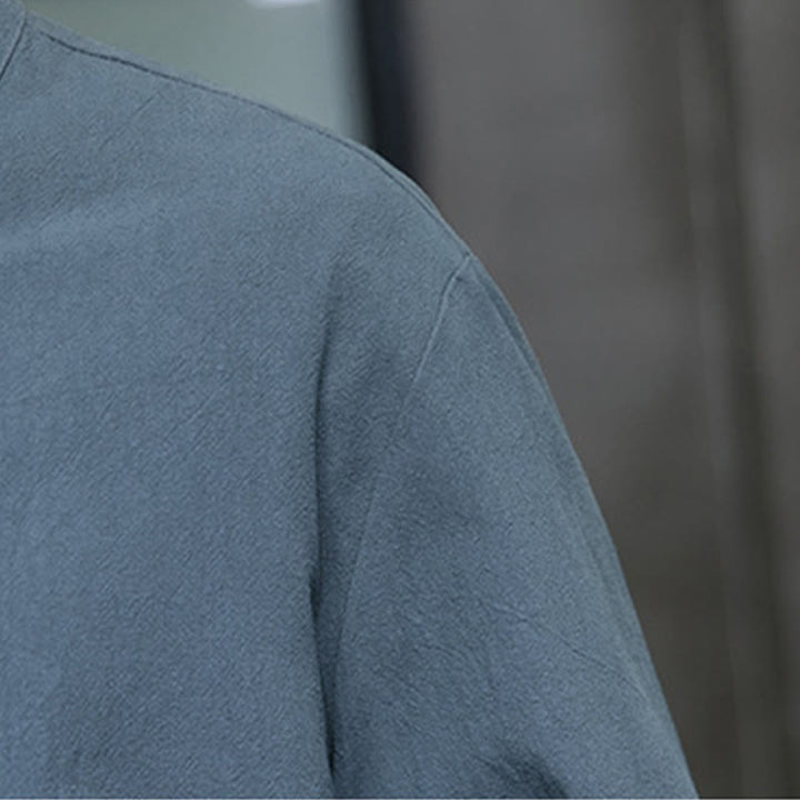 Traje Tang de algodón y lino con botones de rana de color liso y Buddha Stones para hombre, chaqueta y camisa con bolsillos - image 9