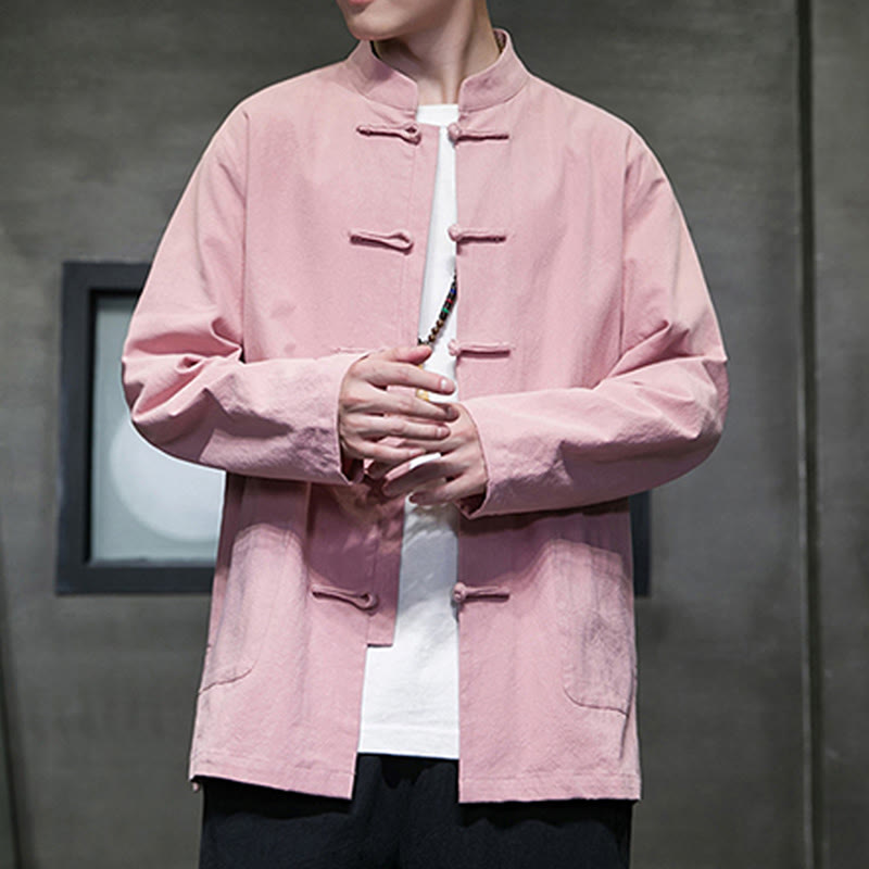 Traje Tang de algodón y lino con botones de rana de color liso y Buddha Stones para hombre, chaqueta y camisa con bolsillos - image 30