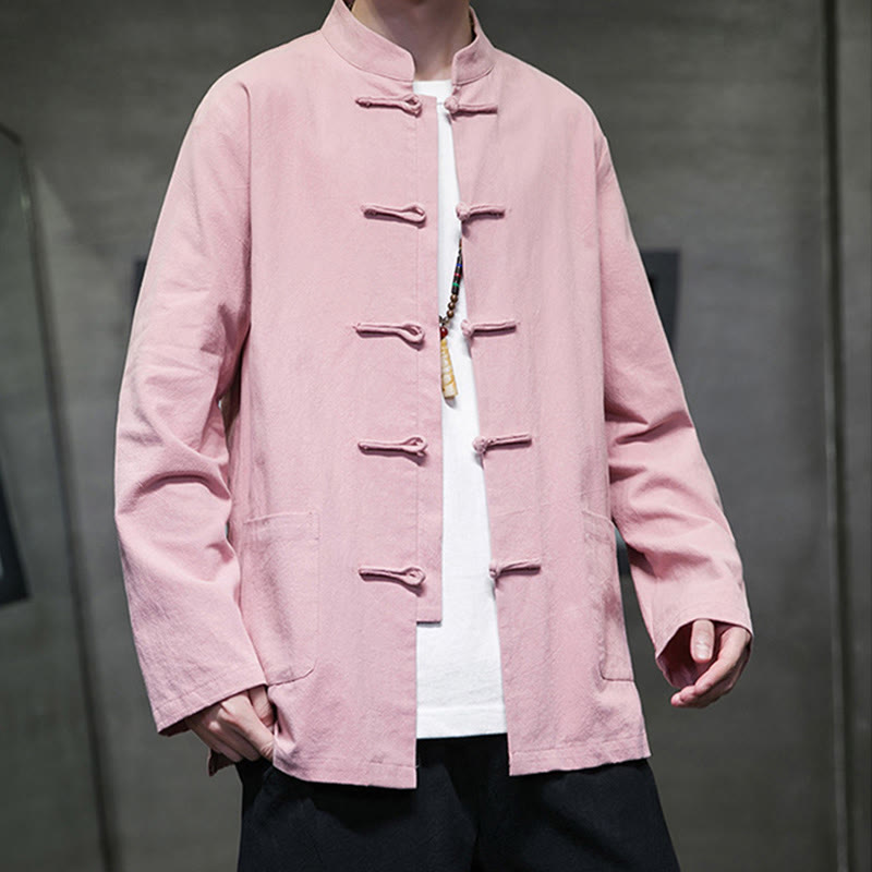 Traje Tang de algodón y lino con botones de rana de color liso y Buddha Stones para hombre, chaqueta y camisa con bolsillos - image 29