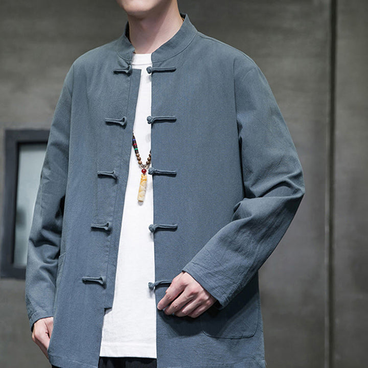 Traje Tang de algodón y lino con botones de rana de color liso y Buddha Stones para hombre, chaqueta y camisa con bolsillos - image 3