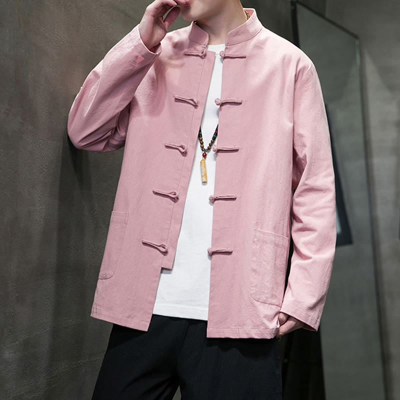 Traje Tang de algodón y lino con botones de rana de color liso y Buddha Stones para hombre, chaqueta y camisa con bolsillos - image 31