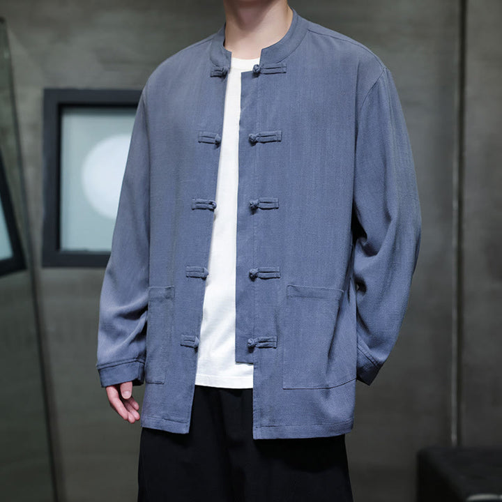 Chaqueta y camisa de lino con botones de rana y bolsillos para hombre, de color liso e informal, con Buddha Stones - image 1