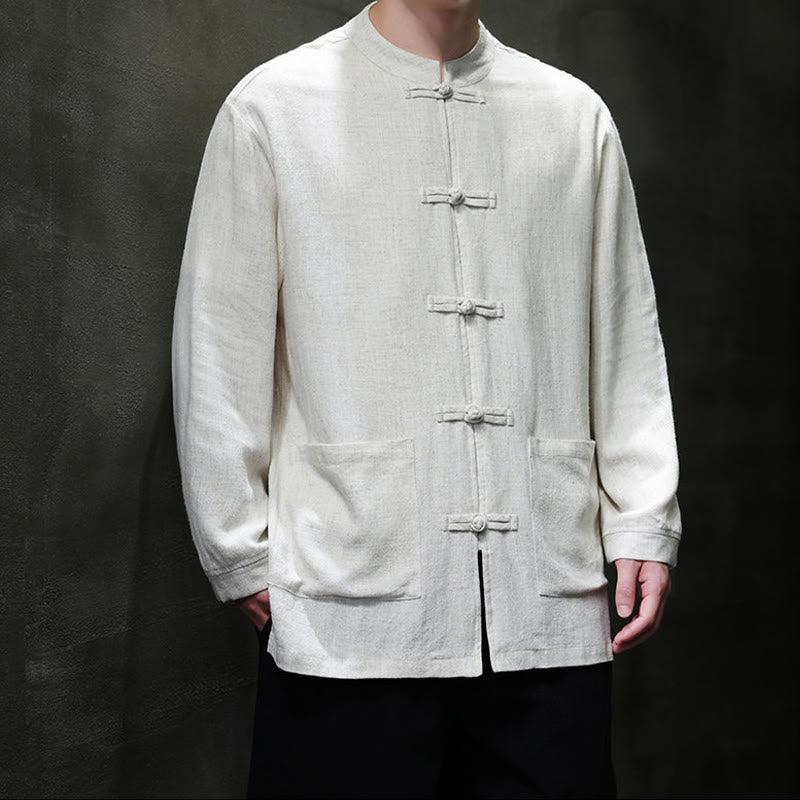Chaqueta y camisa de lino con botones de rana y bolsillos para hombre, de color liso e informal, con Buddha Stones - image 17