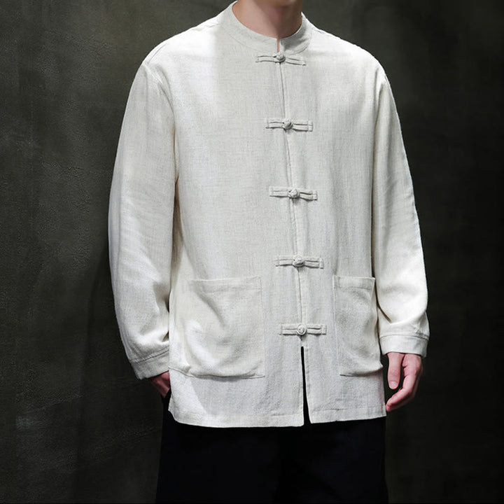 Chaqueta y camisa de lino con botones de rana y bolsillos para hombre, de color liso e informal, con Buddha Stones - image 17