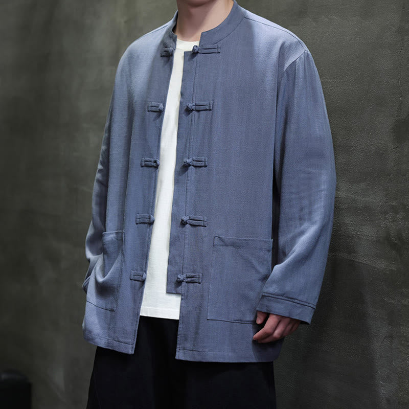 Chaqueta y camisa de lino con botones de rana y bolsillos para hombre, de color liso e informal, con Buddha Stones - image 2