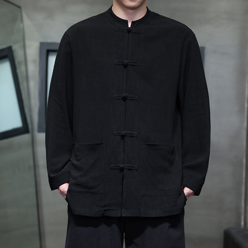 Chaqueta y camisa de lino con botones de rana y bolsillos para hombre, de color liso e informal, con Buddha Stones - Negro - US/UK/AU46, EU56 (5XL) - image 8