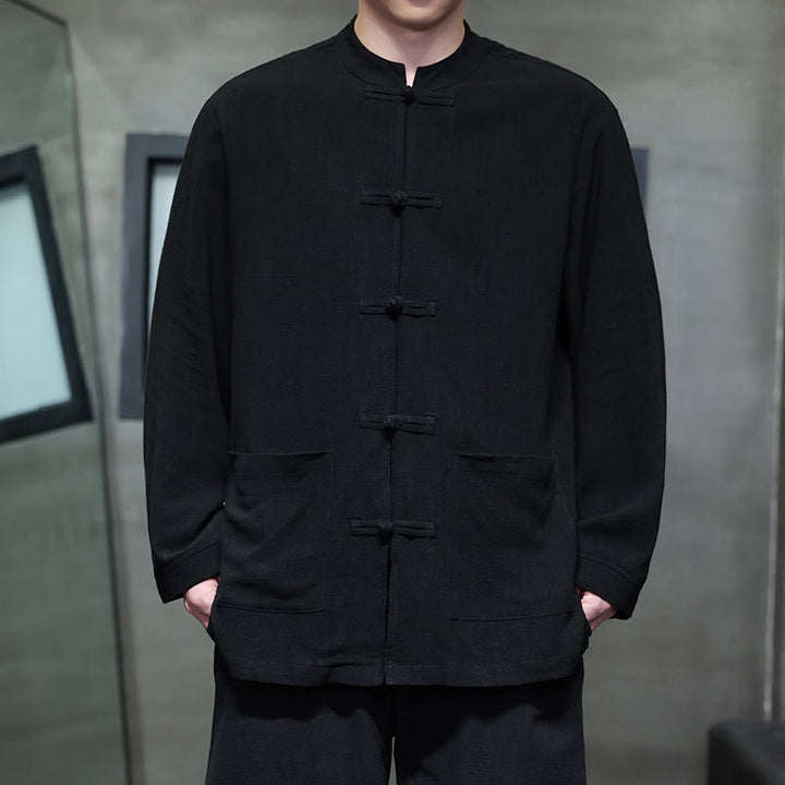 Chaqueta y camisa de lino con botones de rana y bolsillos para hombre, de color liso e informal, con Buddha Stones - Negro - US/UK/AU46, EU56 (5XL) - image 8