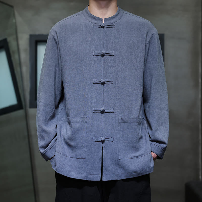 Chaqueta y camisa de lino con botones de rana y bolsillos para hombre, de color liso e informal, con Buddha Stones - Azul real - US/UK/AU46, EU56 (5XL) - image 0