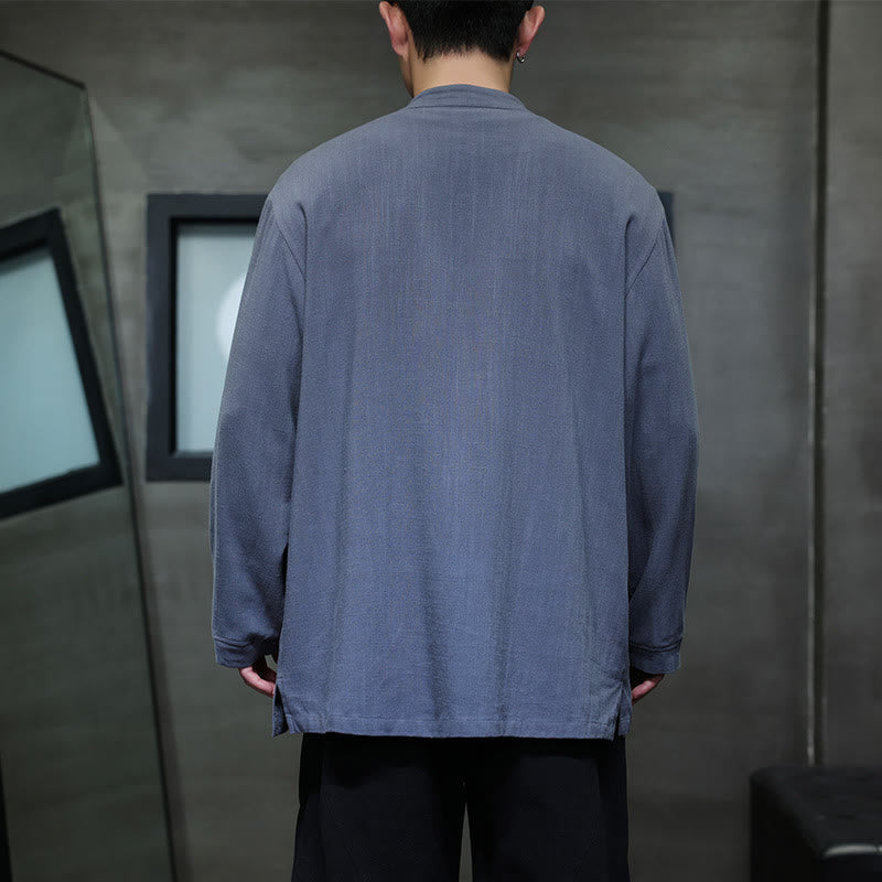 Chaqueta y camisa de lino con botones de rana y bolsillos para hombre, de color liso e informal, con Buddha Stones - image 4