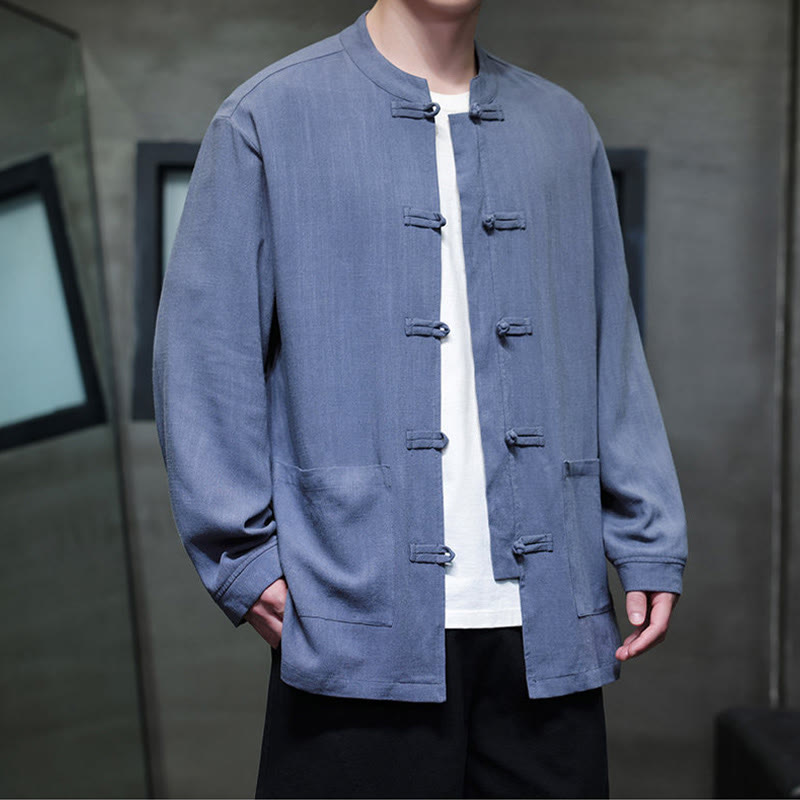 Chaqueta y camisa de lino con botones de rana y bolsillos para hombre, de color liso e informal, con Buddha Stones - image 7