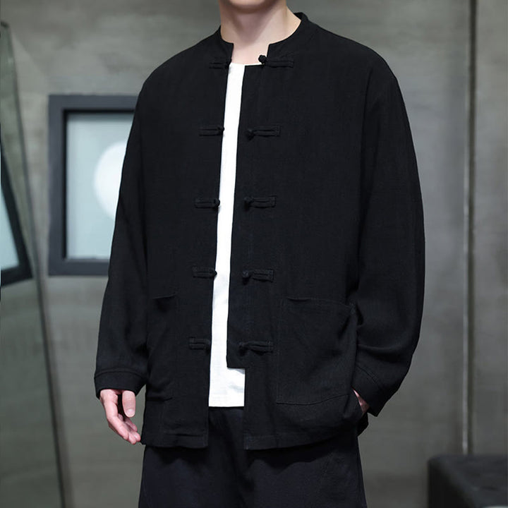 Chaqueta y camisa de lino con botones de rana y bolsillos para hombre, de color liso e informal, con Buddha Stones - image 12