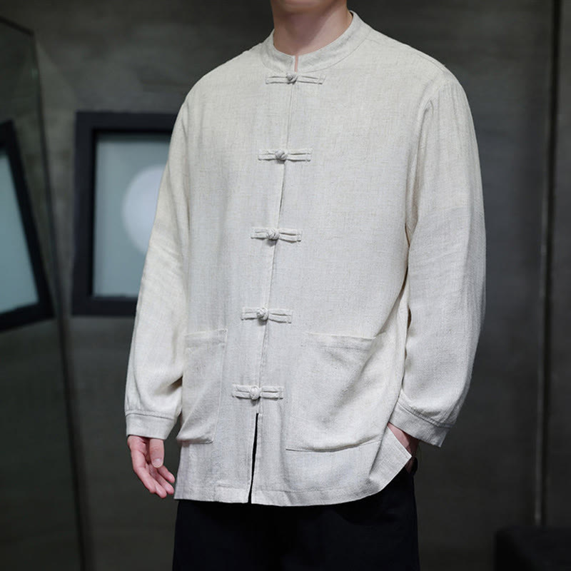 Chaqueta y camisa de lino con botones de rana y bolsillos para hombre, de color liso e informal, con Buddha Stones - image 16