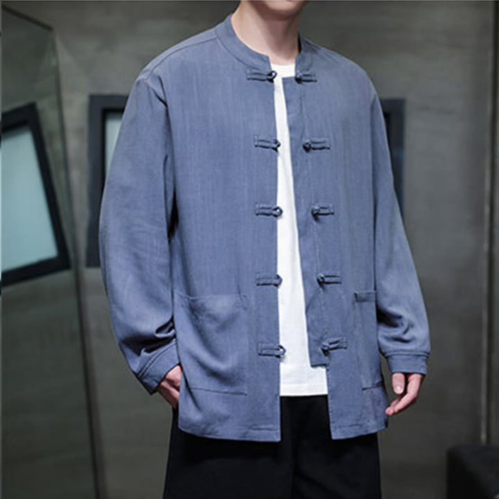 Chaqueta y camisa de lino con botones de rana y bolsillos para hombre, de color liso e informal, con Buddha Stones - image 6