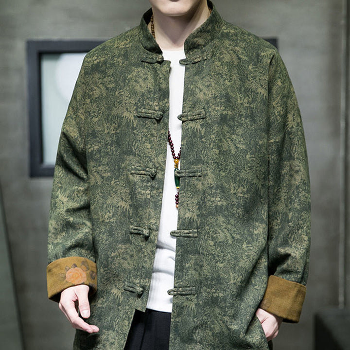 Chaqueta y camisa de algodón para hombre con botones de rana, hojas, flores y Buddha Stones
