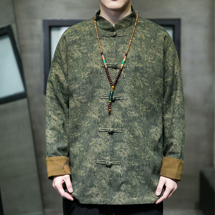 Chaqueta y camisa de algodón para hombre con botones de rana, hojas, flores y Buddha Stones