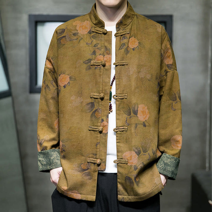 Chaqueta y camisa de algodón para hombre con botones de rana, hojas, flores y Buddha Stones