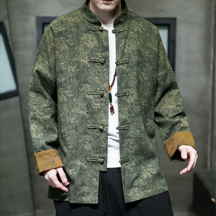 Chaqueta y camisa de algodón para hombre con botones de rana, hojas, flores y Buddha Stones