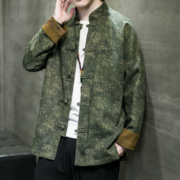 Chaqueta y camisa de algodón para hombre con botones de rana, hojas, flores y Buddha Stones