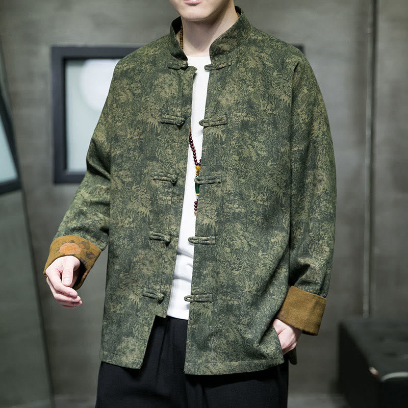 Chaqueta y camisa de algodón para hombre con botones de rana, hojas, flores y Buddha Stones