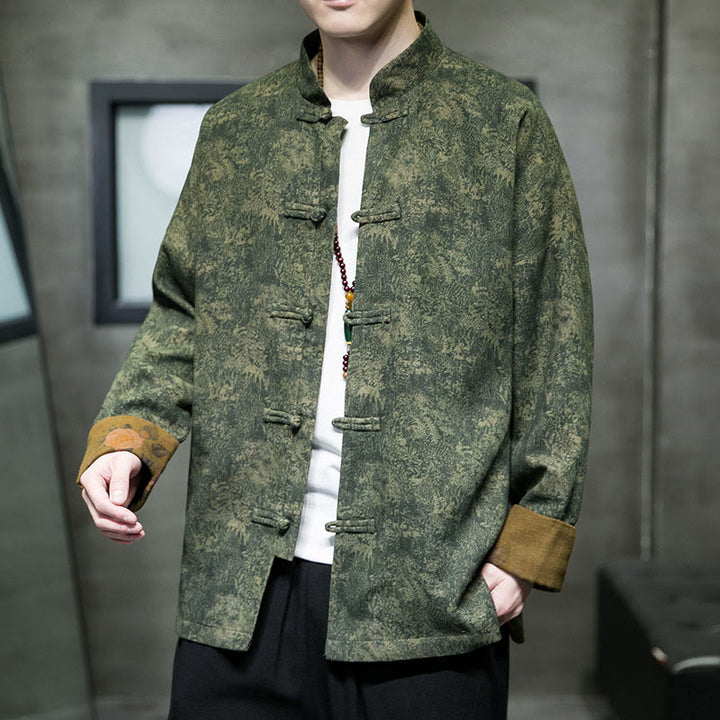 Chaqueta y camisa de algodón para hombre con botones de rana, hojas, flores y Buddha Stones