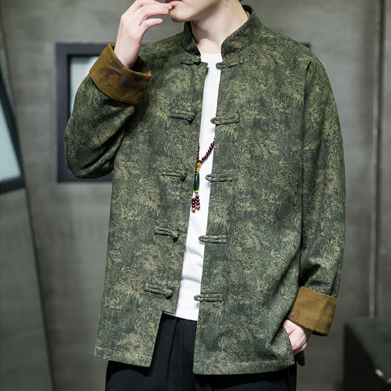 Chaqueta y camisa de algodón para hombre con botones de rana, hojas, flores y Buddha Stones