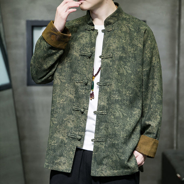 Chaqueta y camisa de algodón para hombre con botones de rana, hojas, flores y Buddha Stones
