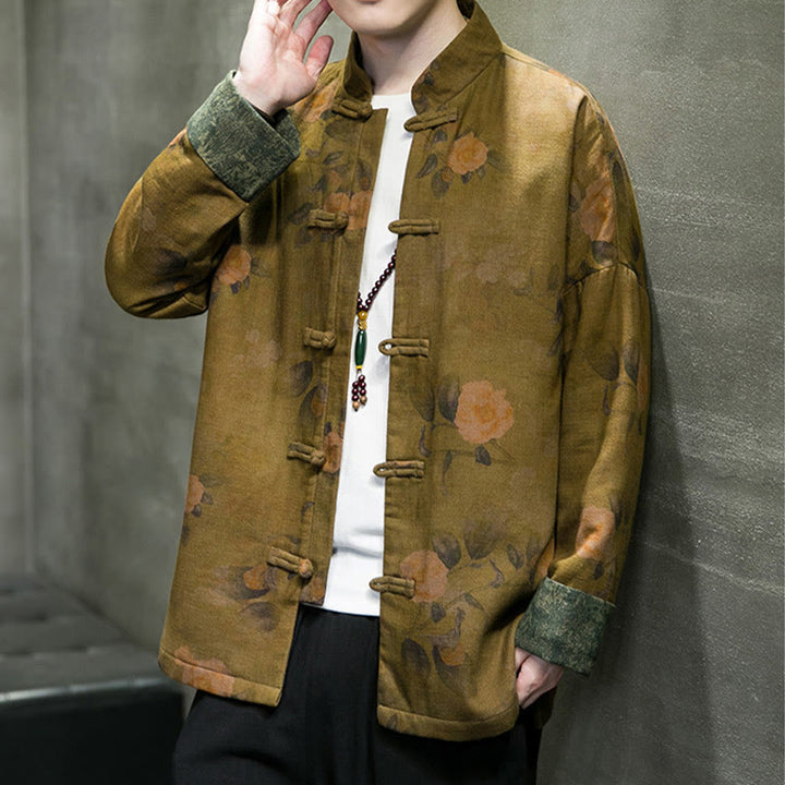 Chaqueta y camisa de algodón para hombre con botones de rana, hojas, flores y Buddha Stones