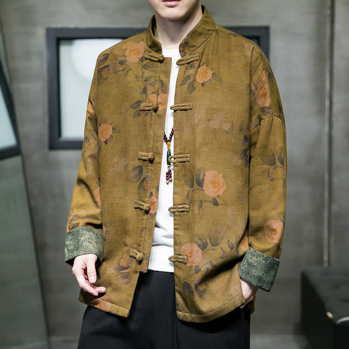 Chaqueta y camisa de algodón para hombre con botones de rana, hojas, flores y Buddha Stones