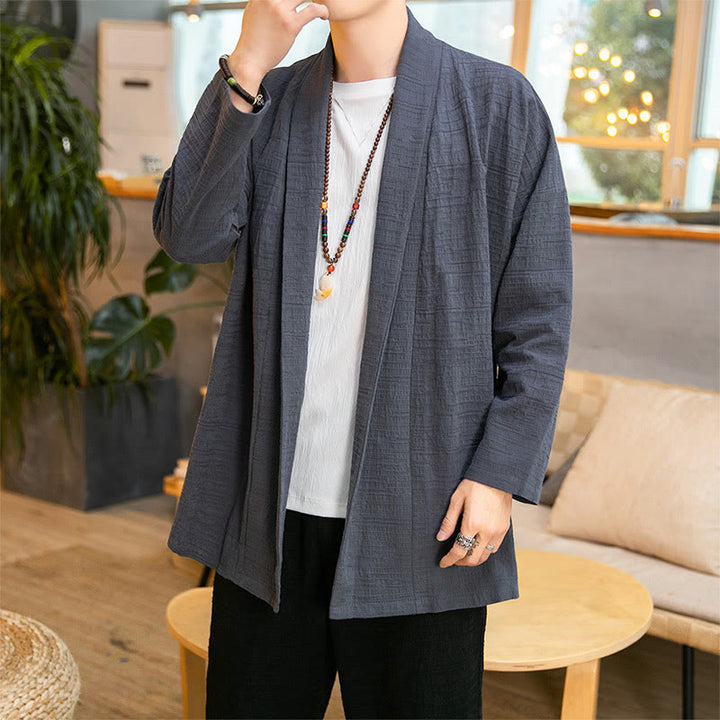 Abrigo de largo medio para hombre de mezcla de lino liso y holgado con Buddha Stones en otoño - Gris pizarra claro - US/UK/AU42, EU52 (3XL) - image 0