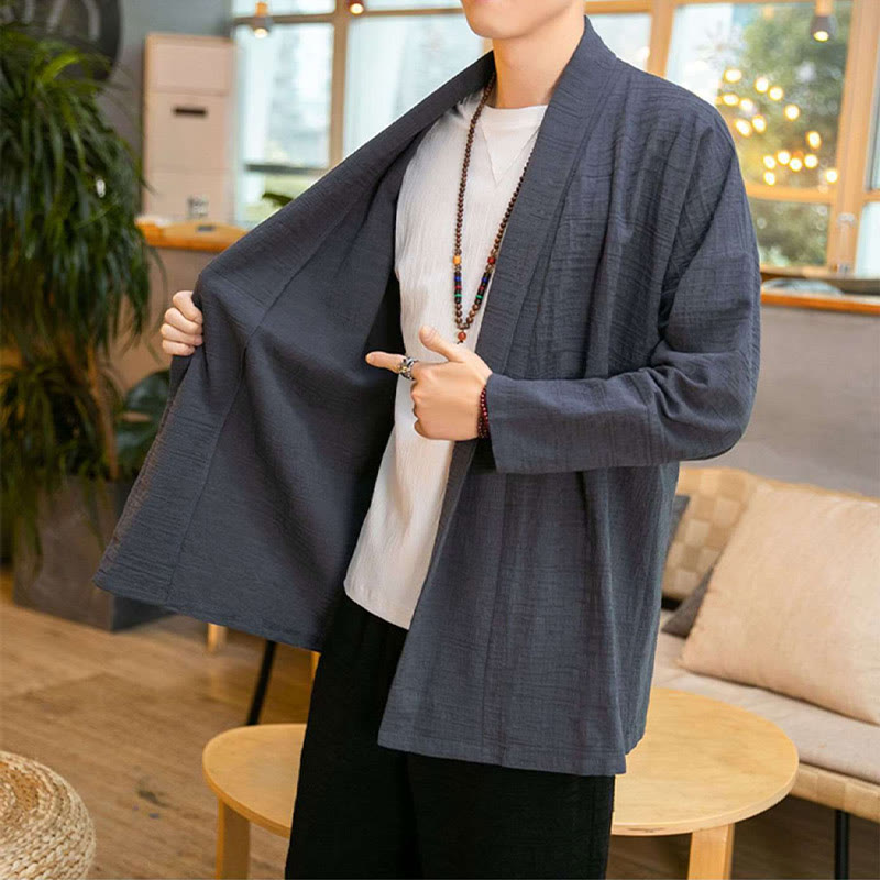 Abrigo de largo medio para hombre de mezcla de lino liso y holgado con Buddha Stones en otoño - image 3