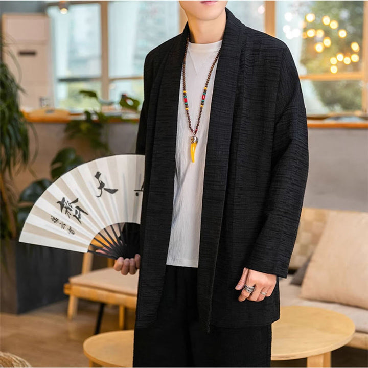 Abrigo de largo medio para hombre de mezcla de lino liso y holgado con Buddha Stones en otoño - image 7