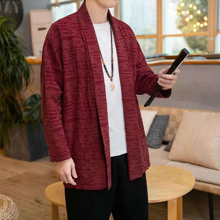 Abrigo de largo medio para hombre de mezcla de lino liso y holgado con Buddha Stones en otoño - image 14