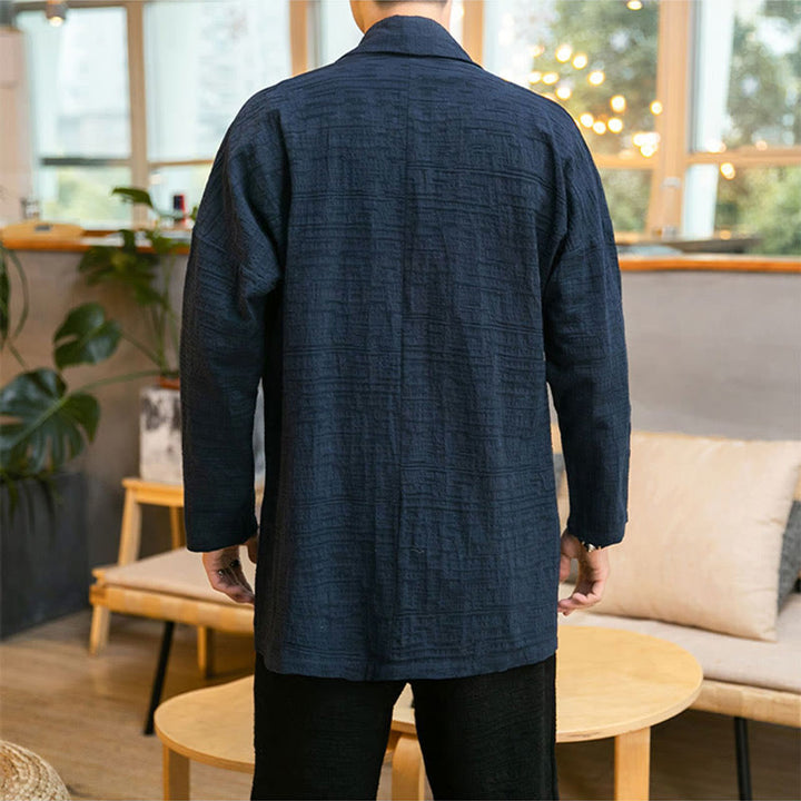 Abrigo de largo medio para hombre de mezcla de lino liso y holgado con Buddha Stones en otoño - image 20