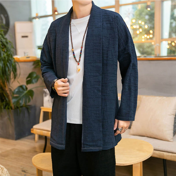 Abrigo de largo medio para hombre de mezcla de lino liso y holgado con Buddha Stones en otoño - image 18