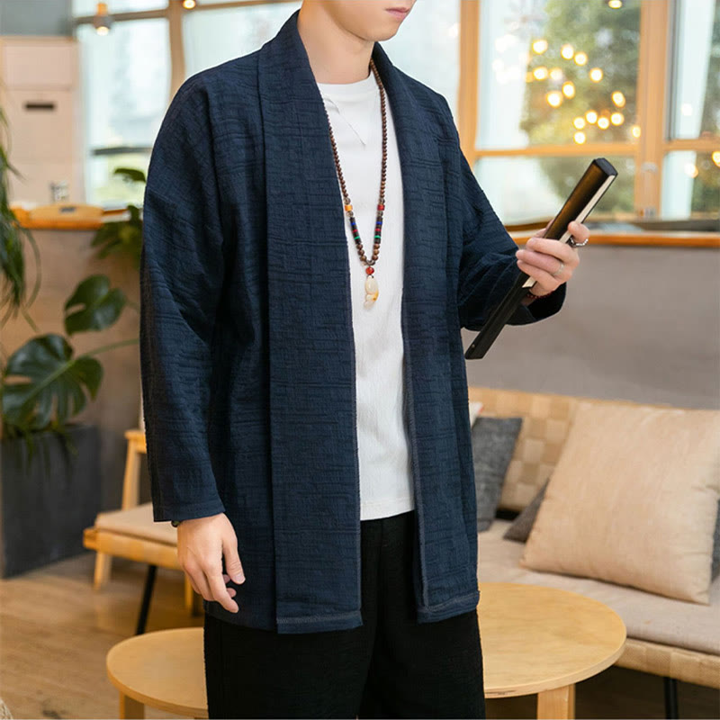 Abrigo de largo medio para hombre de mezcla de lino liso y holgado con Buddha Stones en otoño - image 17