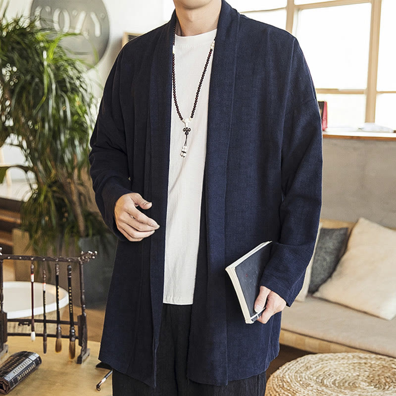 Abrigo de lino y algodón informal sencillo de otoño con Buddha Stones para hombre - Azul medianoche - US/UK/AU42, EU52 (3XL) - image 7