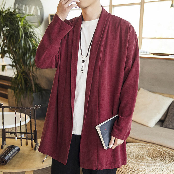 Abrigo de lino y algodón informal sencillo de otoño con Buddha Stones para hombre - image 2