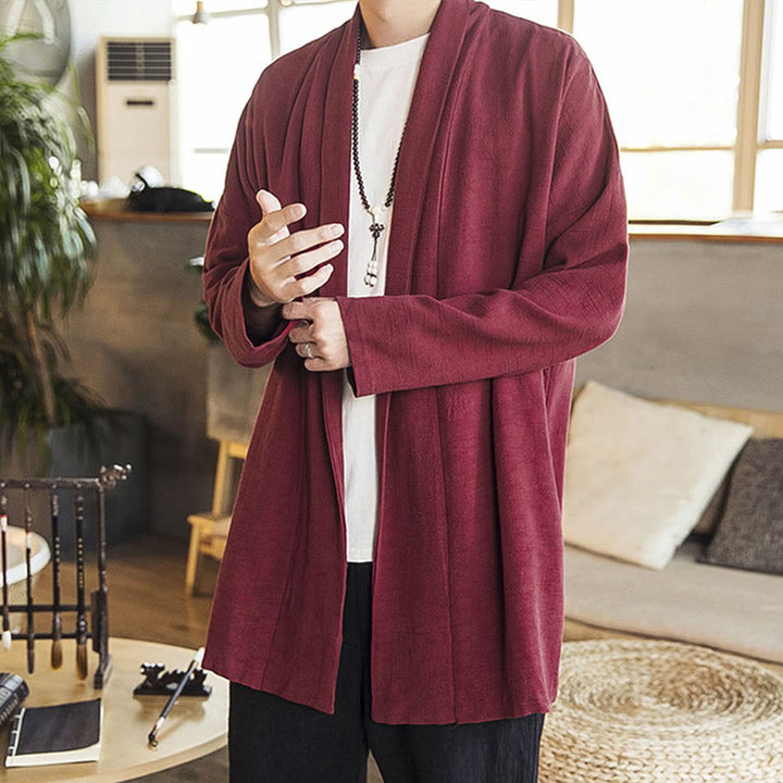 Abrigo de lino y algodón informal sencillo de otoño con Buddha Stones para hombre - Rojo oscuro - US/UK/AU42, EU52 (3XL) - image 1